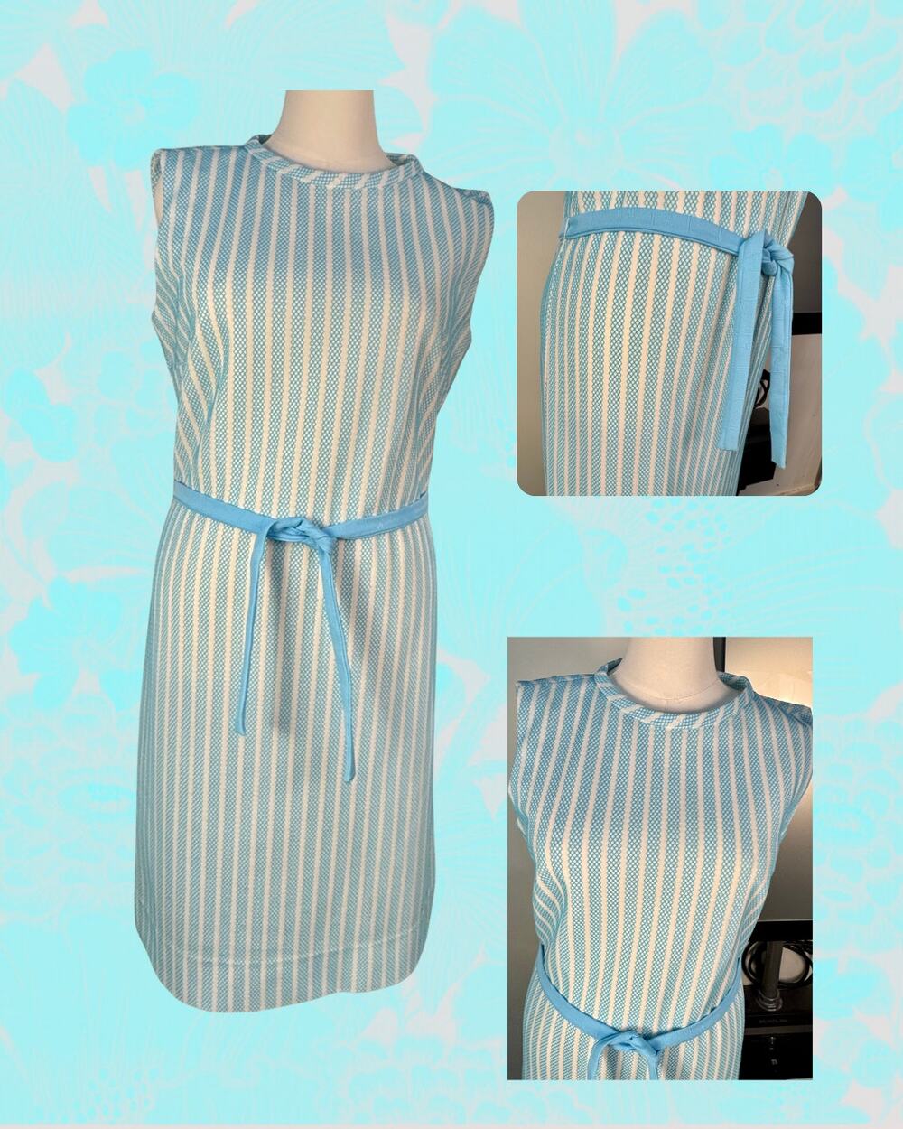 Vintage 60s Nellie Don White Aqua Mod Striped Sleeveless Sheath Dress Size 16
